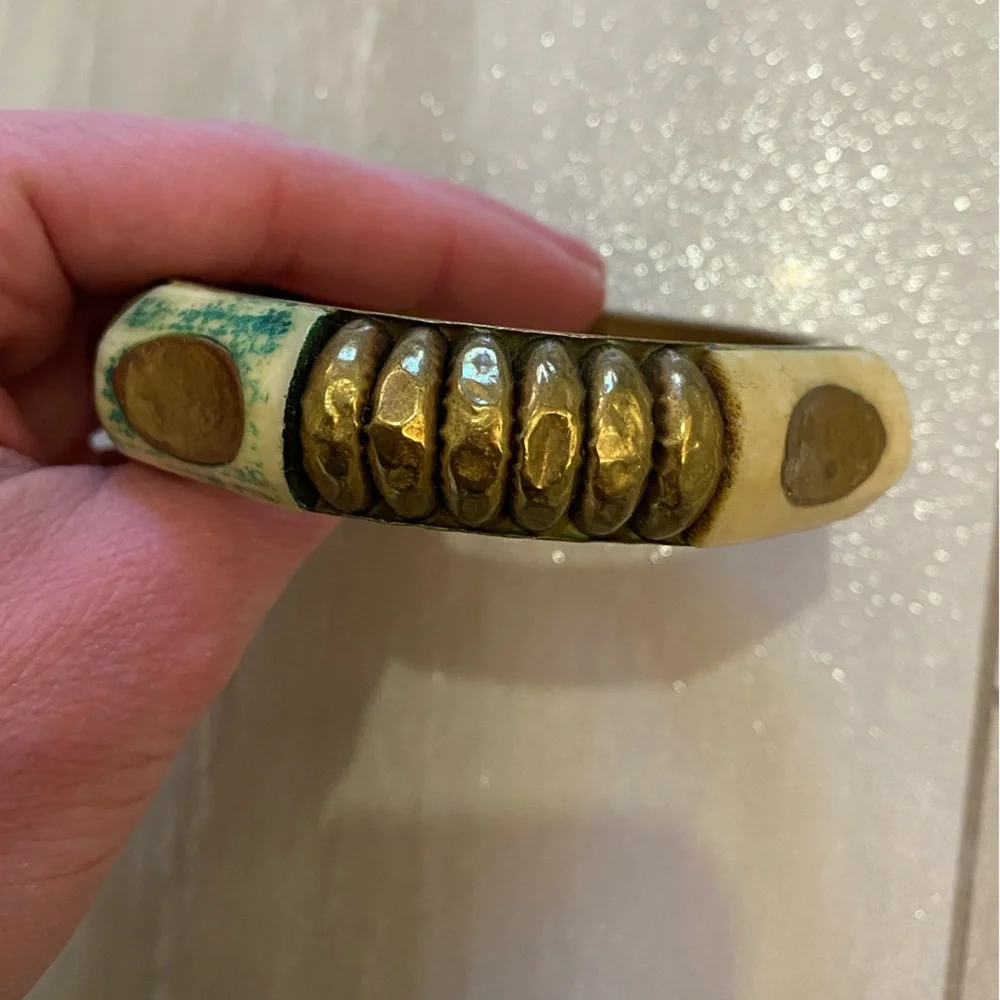 Vintage Brass Bangle Bracelet with Faded Green and Off White Accents